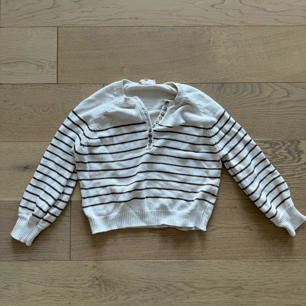Sezane Cream Sweater with Brown Stripes - Crew/Scoop Neck